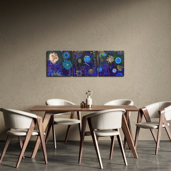 Sötétkék virágok képe (órával) (90x30 cm)