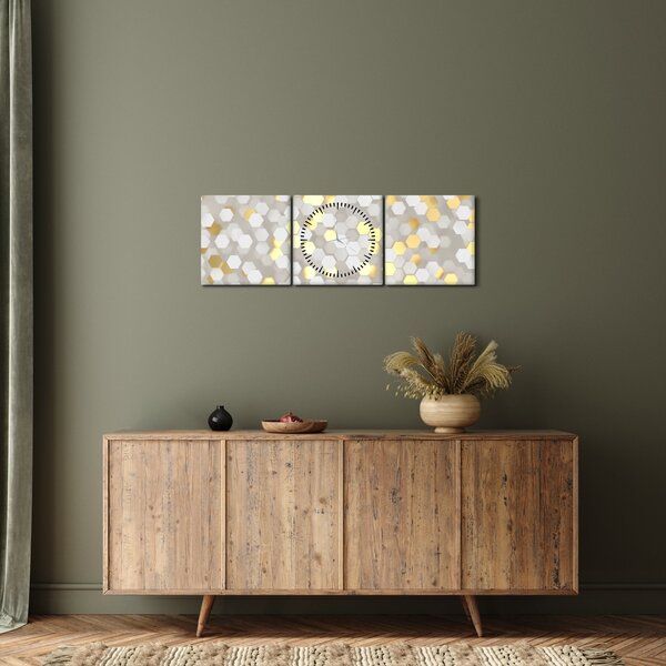 Kép - Arany és fehér hatszögek (órával) (90x30 cm)