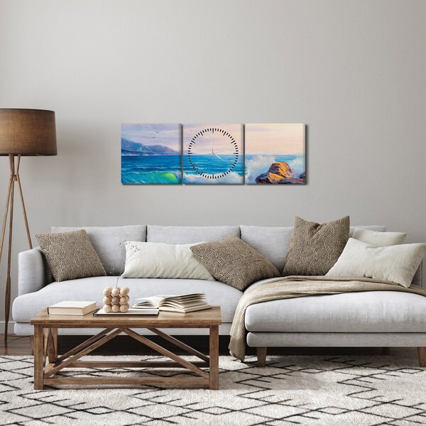 A sziklákat megütő hullámok képe, olajfestmény (órával) (90x30 cm)