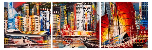 Kép - Victoria Harbour, Hong Kong, olajfestmény (órával) (90x30 cm)