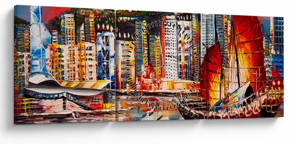 Kép - Victoria Harbour, Hong Kong, olajfestmény (órával) (90x30 cm)