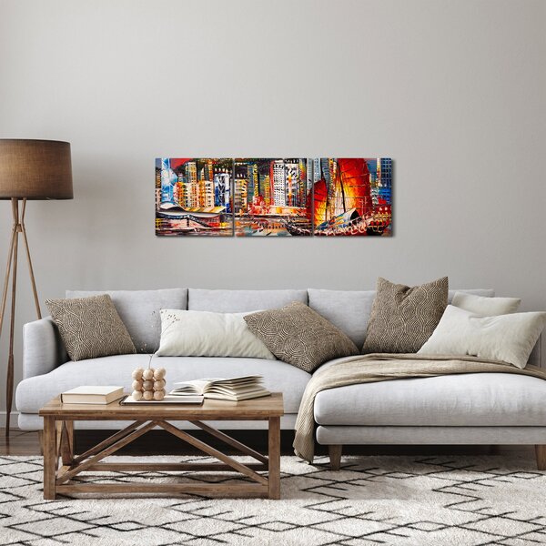 Kép - Victoria Harbour, Hong Kong, olajfestmény (órával) (90x30 cm)