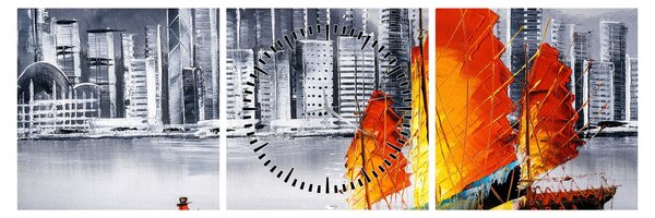 Vászonkép - Victoria Harbour, Hong Kong, fekete-fehér olajfestmény (órával) (90x30 cm)