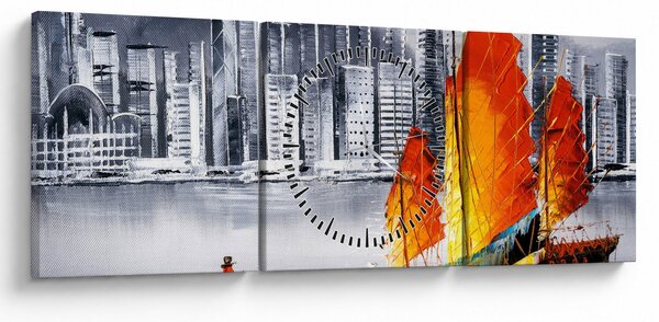 Vászonkép - Victoria Harbour, Hong Kong, fekete-fehér olajfestmény (órával) (90x30 cm)