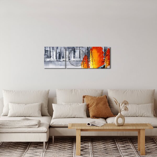 Vászonkép - Victoria Harbour, Hong Kong, fekete-fehér olajfestmény (órával) (90x30 cm)