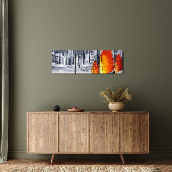 Vászonkép - Victoria Harbour, Hong Kong, fekete-fehér olajfestmény (órával) (90x30 cm)