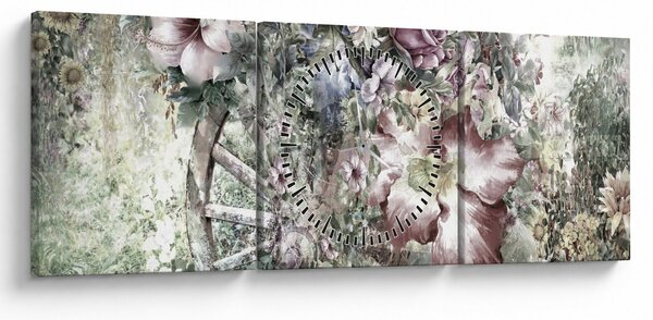 Virágok képe egy fából készült kerékpáron (órával) (90x30 cm)