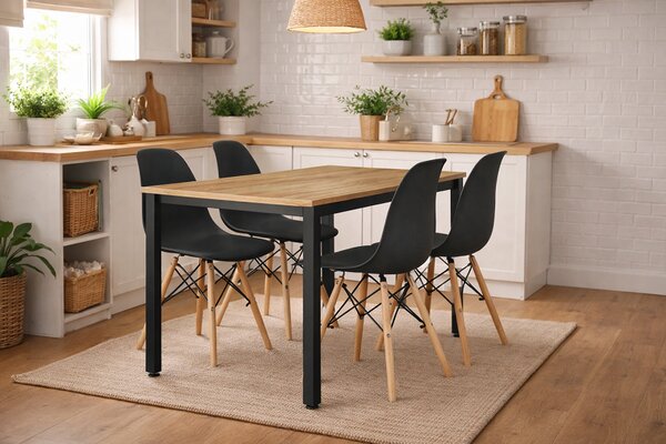 Szett: Étkezőasztal TESSA 120×60 artisan tölgy/fekete + 4 db OSAKA szék, fekete/natúr lábak