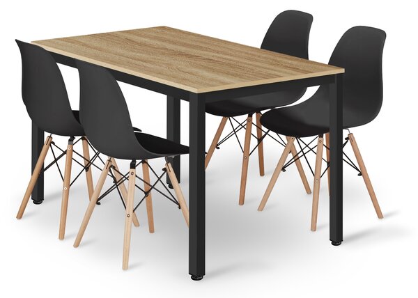 Szett: Étkezőasztal TESSA 120×60 artisan tölgy/fekete + 4 db OSAKA szék, fekete/natúr lábak