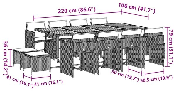 VidaXL 13 darabos szürke PE rattan kerti bútor szett párnákkal
