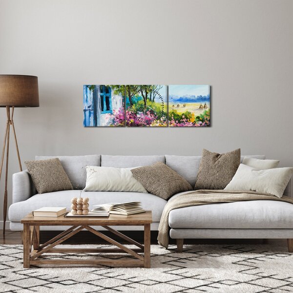 Kép a ház előtti kertről, olajfestmény (órával) (90x30 cm)