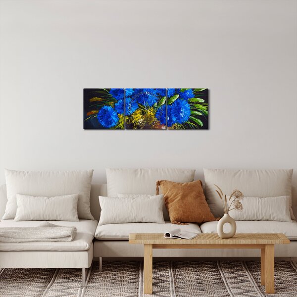 Kék virágok képe egy vázában (órával) (90x30 cm)