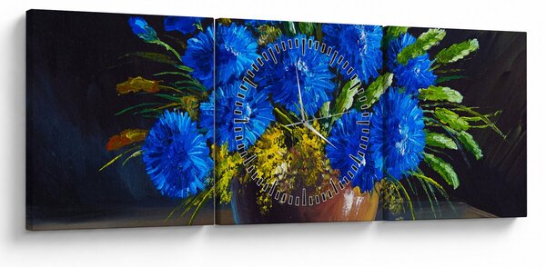 Kék virágok képe egy vázában (órával) (90x30 cm)
