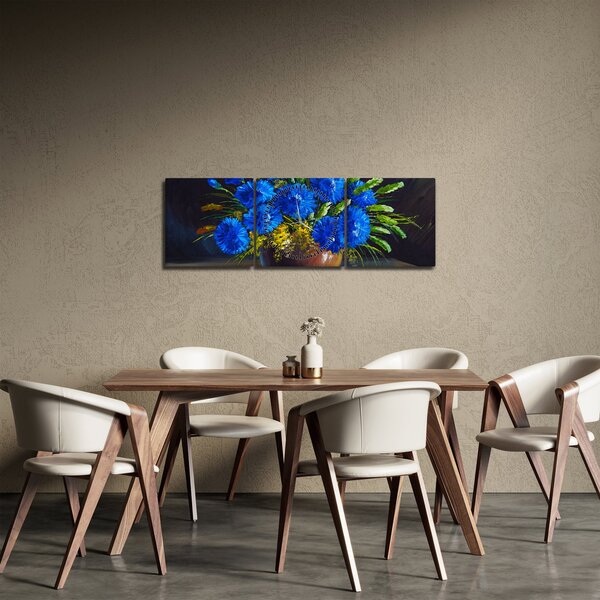 Kék virágok képe egy vázában (órával) (90x30 cm)