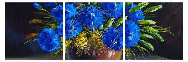 Kék virágok képe egy vázában (órával) (90x30 cm)