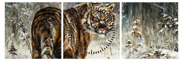 Kép - tigris a havas erdőben, olajfestmény (órával) (90x30 cm)