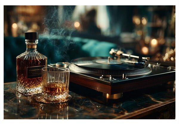 Kép gramofon és whisky pohár
