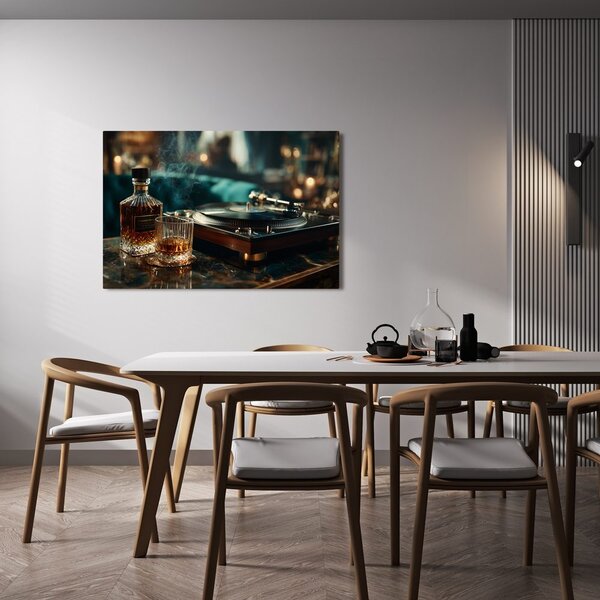 Kép gramofon és whisky pohár