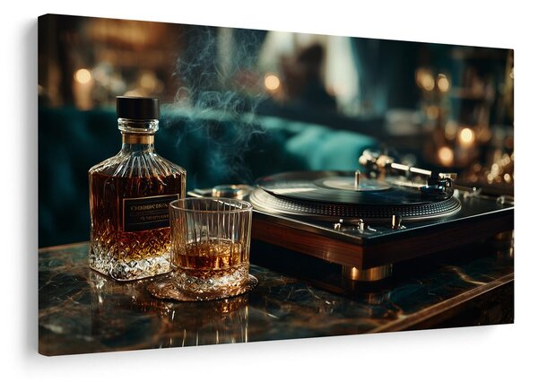 Kép gramofon és whisky pohár