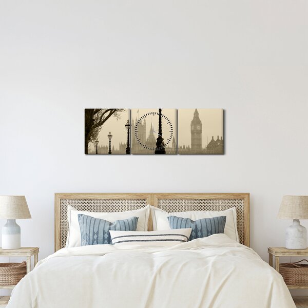 Kép - London a ködben, Anglia (órával) (90x30 cm)
