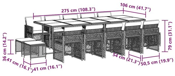 VidaXL 15 darabos kerti bútorgarnitúra párnákkal, barna, PE rattan