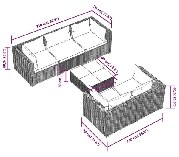 Polyrattan Kerti Ülőgarnitúra - 6 részes - Fekete