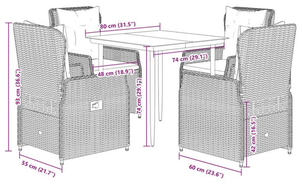 VidaXL Polyrattan Kerti Étkezőgarnitúra - 5 részes - Szürke