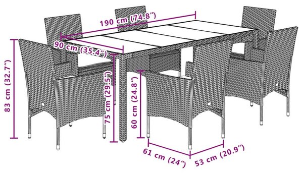 VidaXL 7 részes bézs polyrattan/üveg kerti étkezőgarnitúra párnákkal