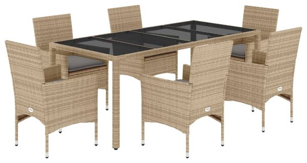 VidaXL 7 részes bézs polyrattan/üveg kerti étkezőgarnitúra párnákkal
