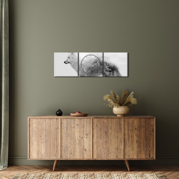 Kép - Vad tájat tükröző sarkvidéki farkas, fekete-fehér (órával) (90x30 cm)
