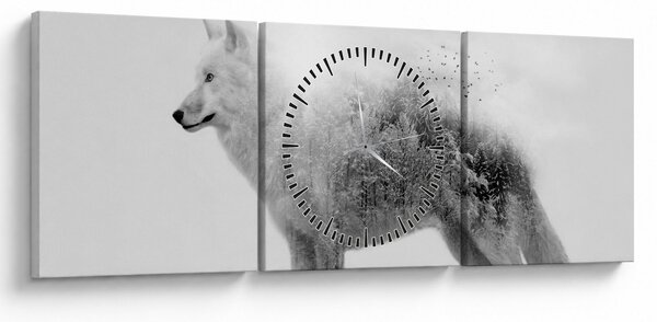 Kép - Vad tájat tükröző sarkvidéki farkas, fekete-fehér (órával) (90x30 cm)