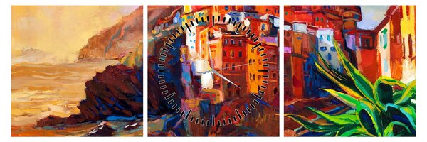 Kép - Falu Cinque Terre partján, az olasz riviérán, modern impresszionizmus (órával) (90x30 cm)