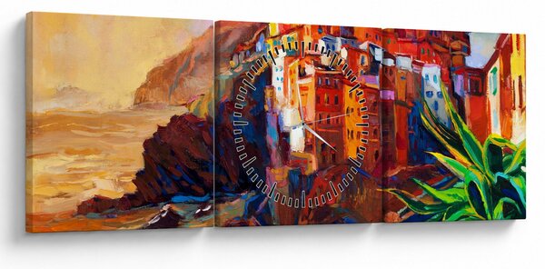 Kép - Falu Cinque Terre partján, az olasz riviérán, modern impresszionizmus (órával) (90x30 cm)