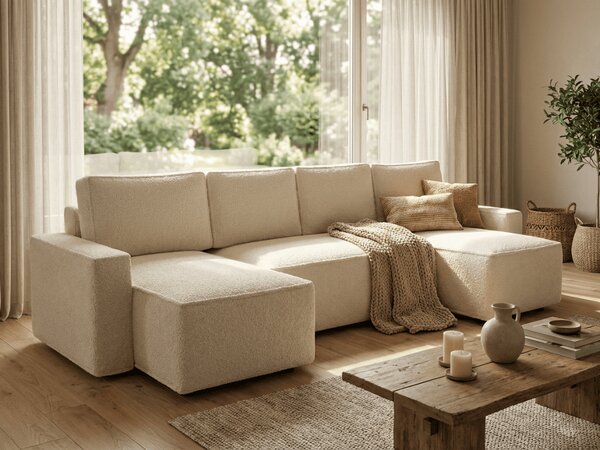 Kihúzható U alakú ülőgarnitúra SMART BOUCLE 303x143 cm, krémszínű