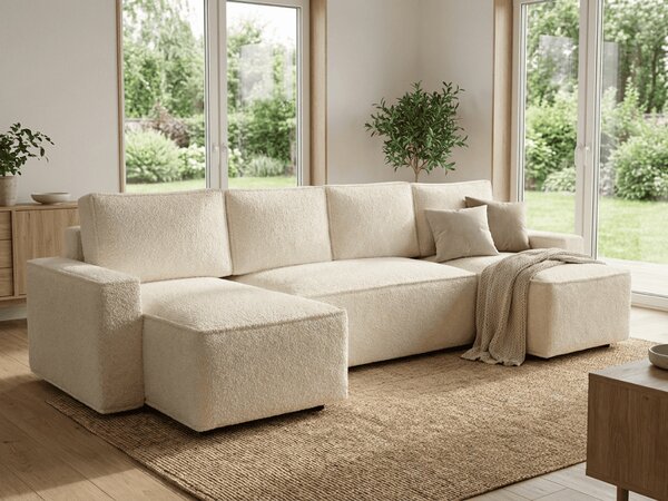 Kihúzható U alakú ülőgarnitúra SMART BOUCLE 303x143 cm, krémszínű