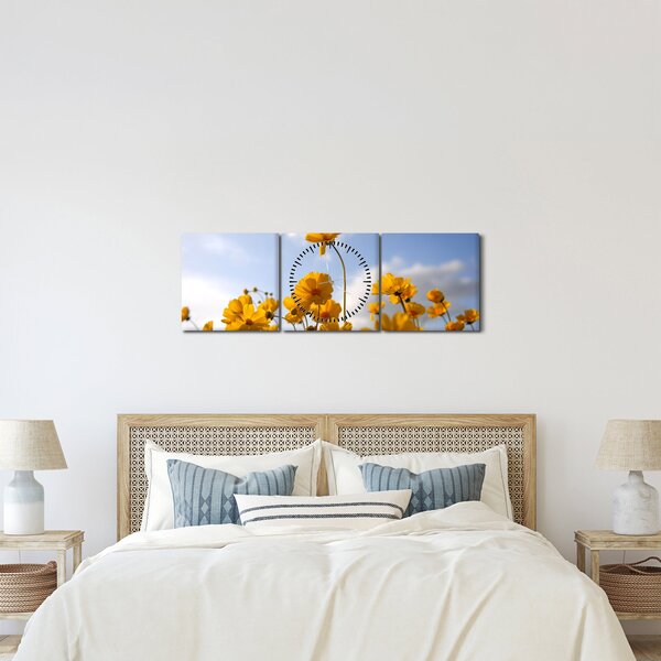 Fényes sárga virágokkal rendelkező mező képe (órával) (90x30 cm)