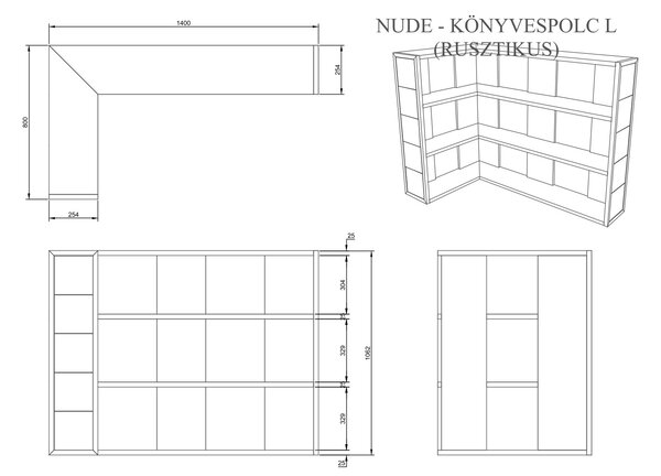 Nude L alakú könyvespolc