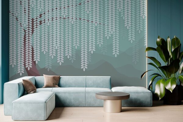 Fotótapéta stilizált fűzfa lógó levelekkel, minimalista hegyek háttérében, csokoládé és türkiz, Természet fotótapéta, w05232v1 : Uwalls.hu