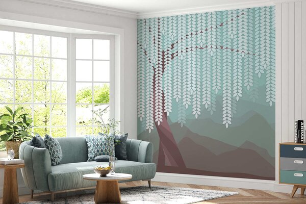 Fotótapéta stilizált fűzfa lógó levelekkel, minimalista hegyek háttérében, csokoládé és türkiz, Természet fotótapéta, w05232v1 : Uwalls.hu