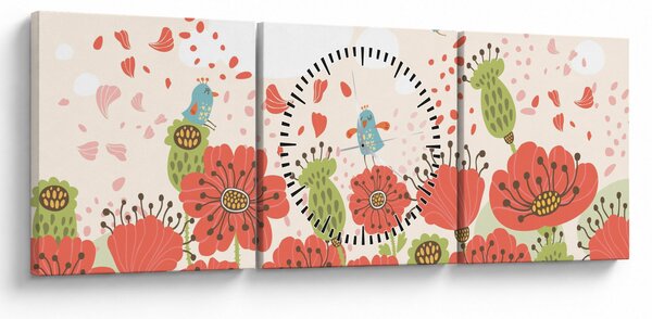 Kép - Madarak egy virágzó réten (órával) (90x30 cm)