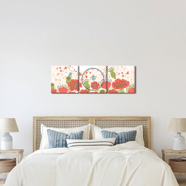 Kép - Madarak egy virágzó réten (órával) (90x30 cm)