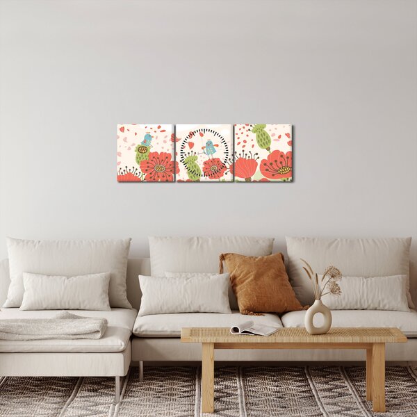 Kép - Madarak egy virágzó réten (órával) (90x30 cm)