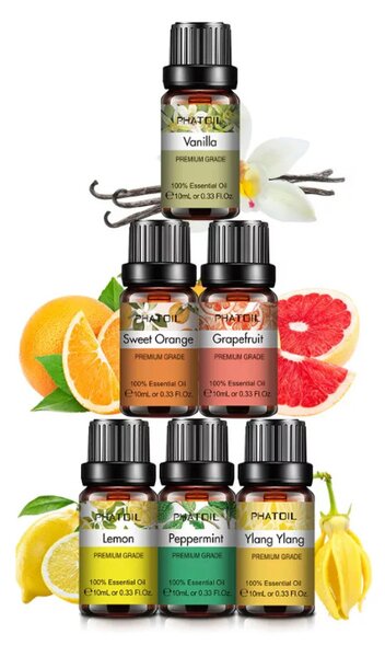 Repedezett és fehér fa mintázatú ultrahangos aroma diffúzor és 4 részes illóolaj szett