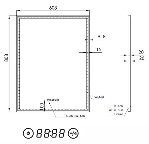 Fekete keretes Loft stílusú LED tükör 60x80cm | Páramentesítő - Óra - Fényerő és színhőmérséklet szabályozás | Welland Luxury-Line Loft G1101