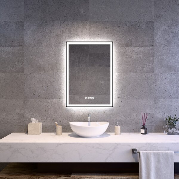 Fekete keretes Loft stílusú LED tükör 50x70cm | Páramentesítő - Óra - Fényerő és színhőmérséklet szabályozás | Welland Luxury-Line Loft G1100