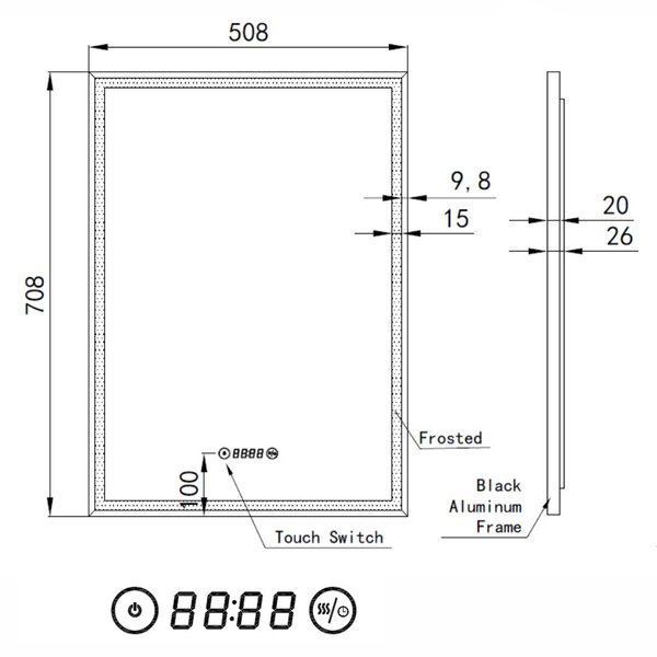 Fekete keretes Loft stílusú LED tükör 50x70cm | Páramentesítő - Óra - Fényerő és színhőmérséklet szabályozás | Welland Luxury-Line Loft G1100
