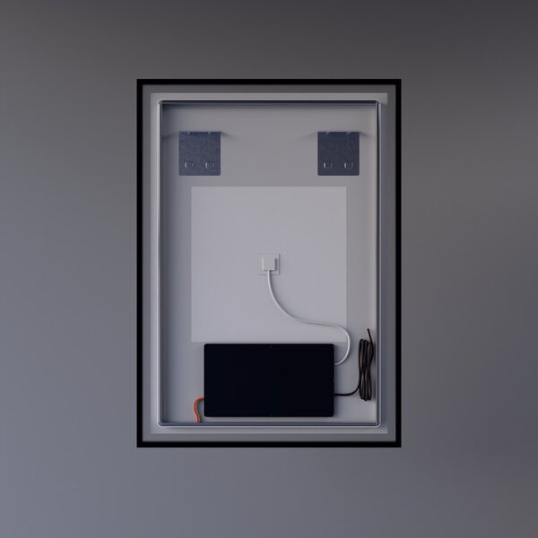 Fekete keretes Loft stílusú LED tükör 50x70cm | Páramentesítő - Óra - Fényerő és színhőmérséklet szabályozás | Welland Luxury-Line Loft G1100