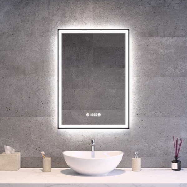 Fekete keretes Loft stílusú LED tükör 50x70cm | Páramentesítő - Óra - Fényerő és színhőmérséklet szabályozás | Welland Luxury-Line Loft G1100