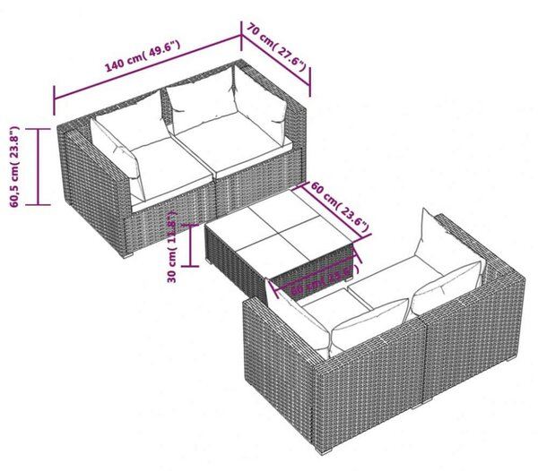 VidaXL Polyrattan Kerti Ülőgarnitúra - 5 részes - Fekete