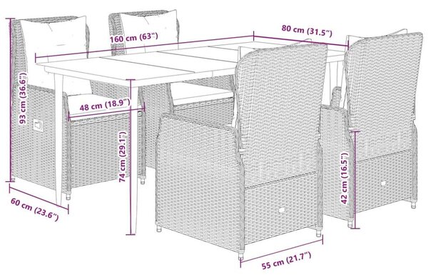 VidaXL 5 részes szürke polyrattan kerti étkezőgarnitúra párnával